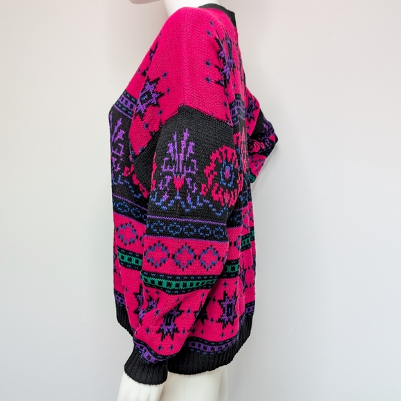 80s Vintage Hot Pink, Black, Purple, Green Funky Crew Neck Sweater - Picture 4 of 5